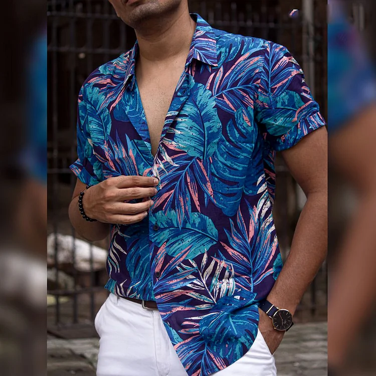 BrosWear Men'S Hawaiian Multi Colored Banana Leaves Short Sleeves Shirt