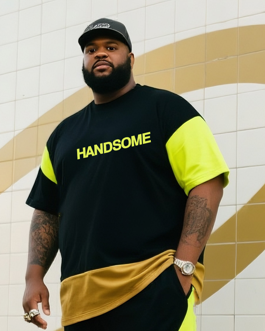 Big Boy's Daily Casual Laminated Black Spelling Fluorescent Green Plus Gold Laminated Round Neck Short Sleeve T-Shirt Striped Trousers