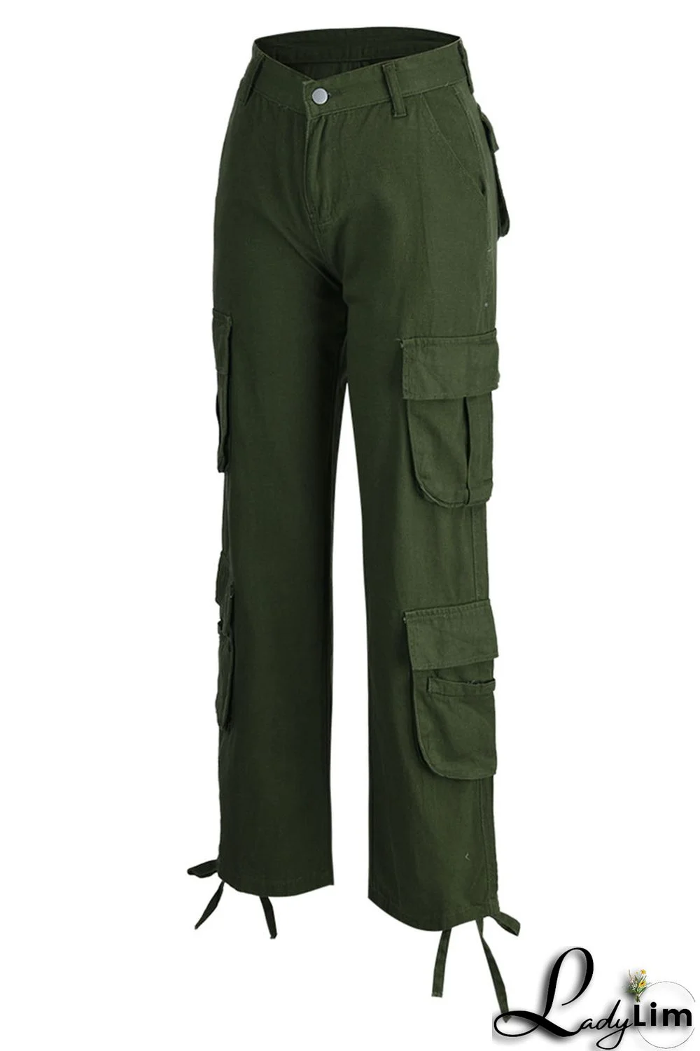 Green Street Solid Patchwork Pocket High Waist Straight Solid Color Bottoms