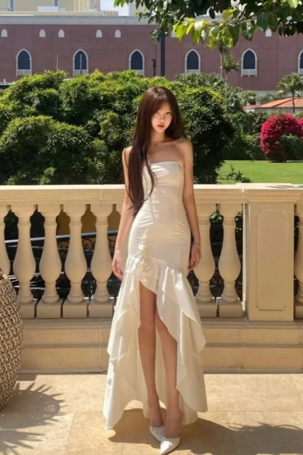 Romantic Creamy Straight Across Mermaid High-low Hem Pleated Prom Dress YK0059