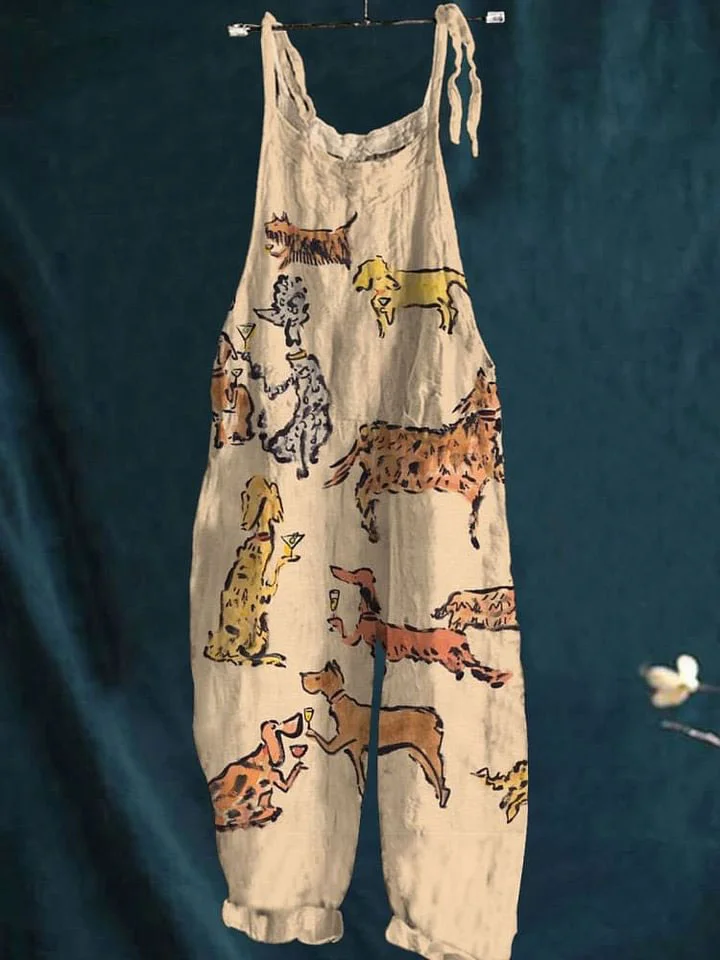 Women's Vintage Lovely Dogs Art Print Casual 100% Cotton Wide Leg Jumpsuit