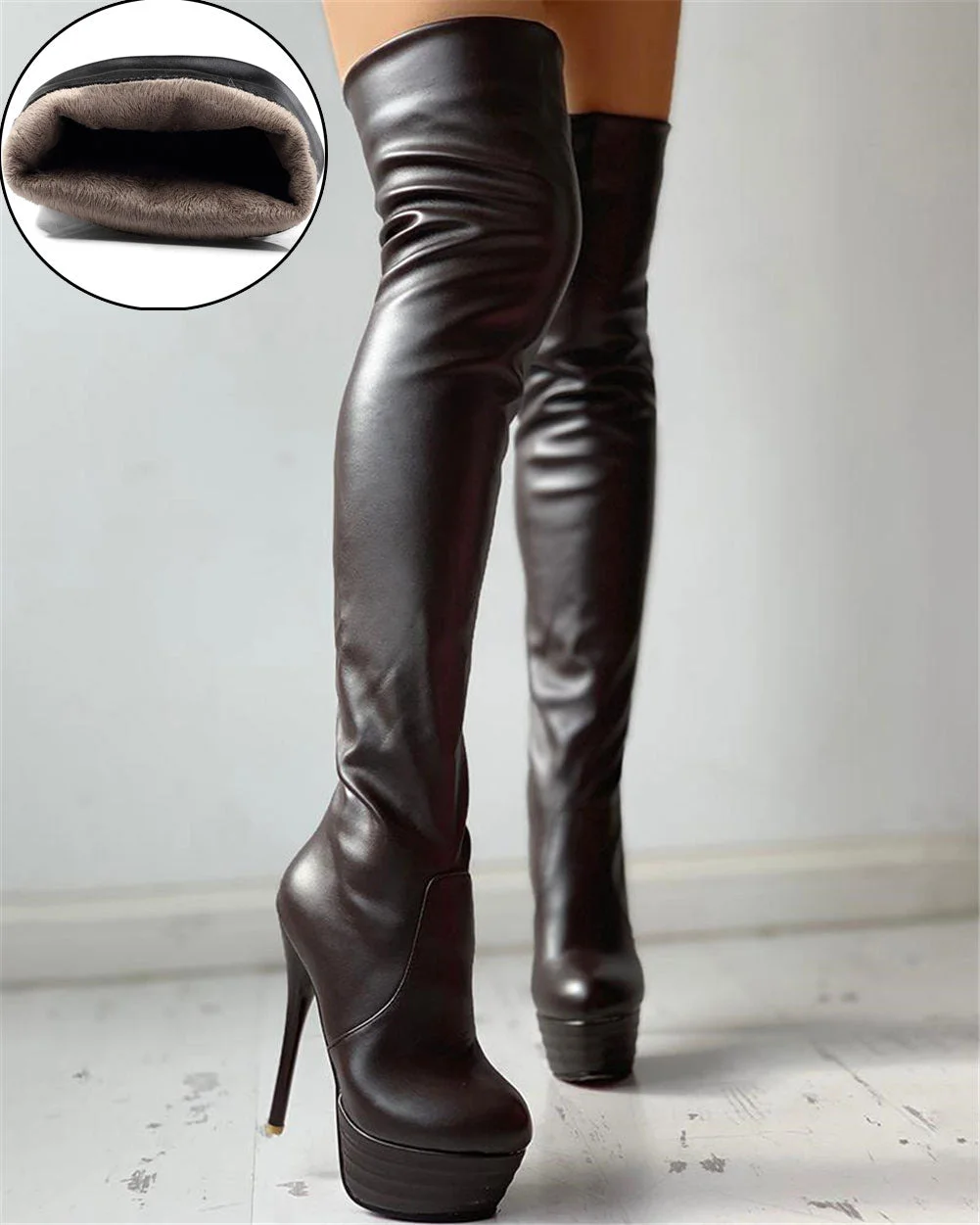 Sexy Small Plus Size 31-46 Winter Add Fur Platform Extreme High Fetish Thin Heels Party Shoes Women Over Knee Boots Female