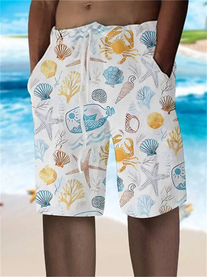 Men's Beach Drawstring Casual Shorts Ocean Pattern Print Blue Purple-Cosfine