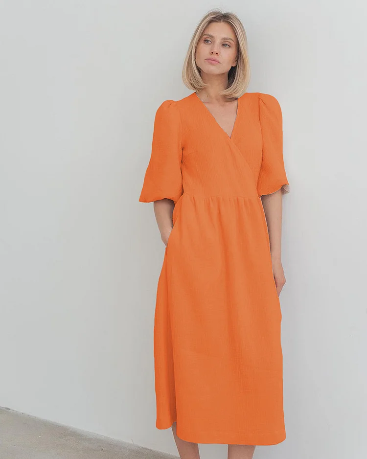 Women's 2024 French Style Cotton Dress V-Neck Puff Sleeve Long Maxi Dress