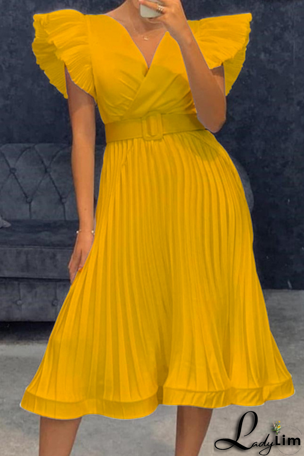 Yellow Casual Solid Flounce Cross Straps V Neck Cake Skirt Dresses