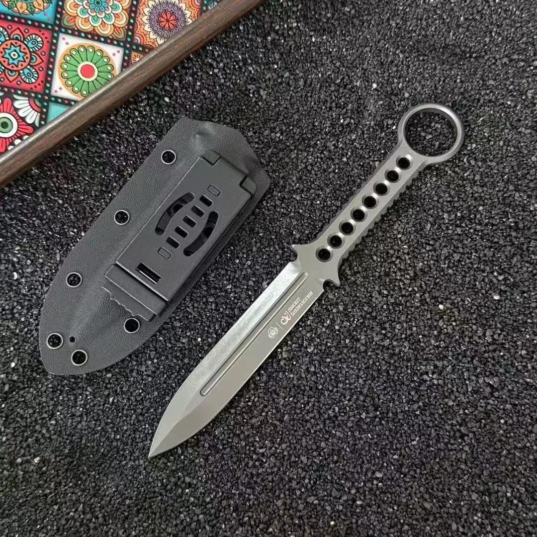 Eight-hole small sword, one-piece Aus-10 steel, portable small straight knife for outdoor camping, self-defense, and wilderness survival.