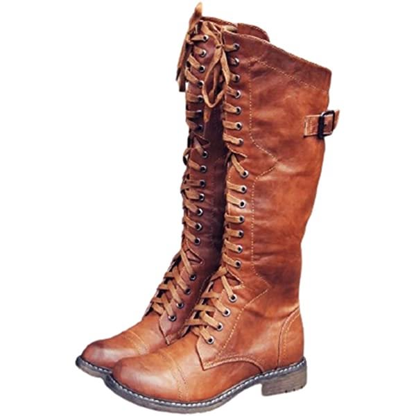 Women's Round Toe Lace Up Knee High Riding Boots Low Heel Criss Cross Combat Boots