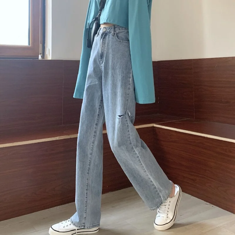 Jeans Women Hole Preppy Style Trendy Spring Female Student Loose Straight High Waist Kpop Vintage Solid Streetwear Mujer De Moda