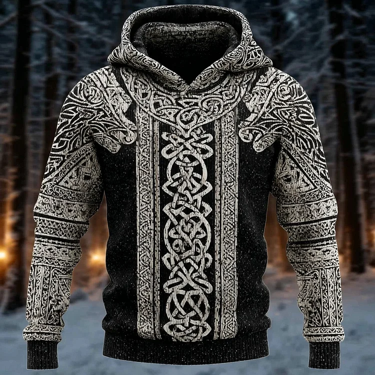 Men's Retro Celtic Knot And Wings Art Pattern Warm Hooded Sweater