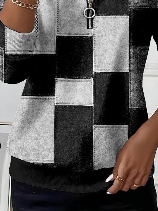 Women Long Sleeve Scoop Neck Plaid Colorblock Printed Graphic Zipper Tops