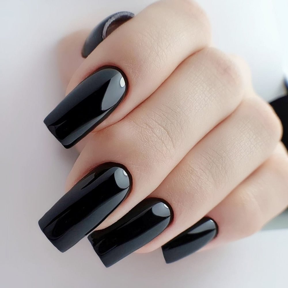 24Pcs Bright Black Long Flat Fake Nails Ballerina Artificial False Nail Art DIY Full Cover Finger Tips Press On Manicure Tools