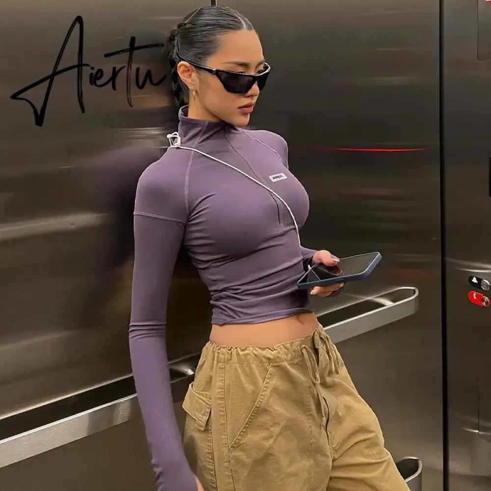Summer Women Zipper Long Sleeve Bodycon T Shirt Fitness Crop Top Streetwear Y2K Clothes Outfits Sexy Korean Christmas Aiertu
