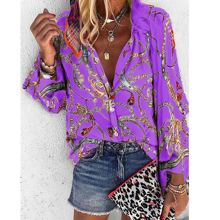 New Design Plus Size Women Blouse V-neck Long Sleeve Chains Print Loose casual Shirts Womens Tops And Blouses