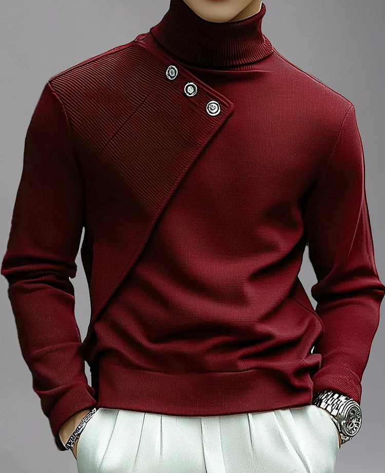 Casual Turtleneck Irregular Button Decor Knit Sweater Okaywear