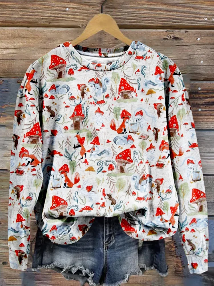 Comstylish Fox Bunny Squirrel Mouse Mushroom House Pattern Cozy Sweatshirt