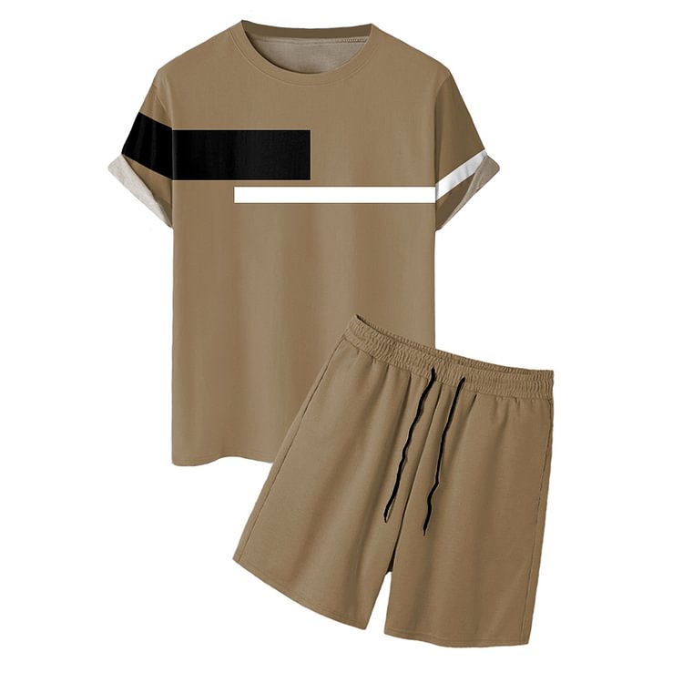 Trendy Khaki Contrast Line Short Sleeve T-Shirt And Shorts Co-Ord