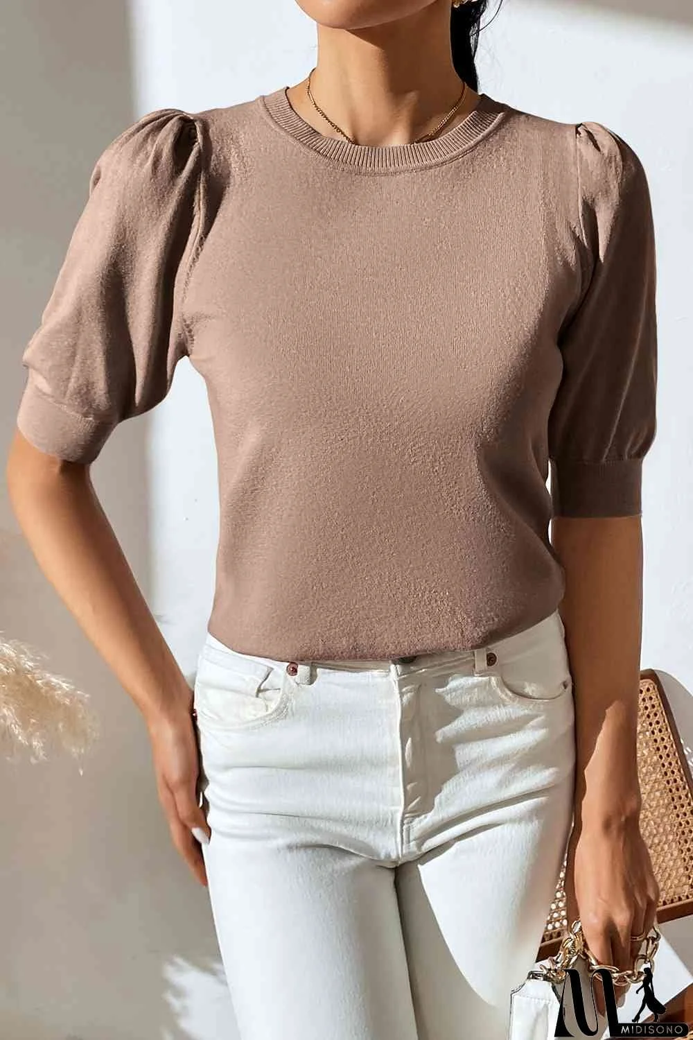 MidiSono - Round Neck Puff Sleeve Knit Top