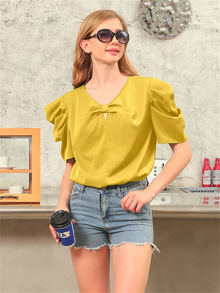 Summer Casual Women's Solid Color Bubble Sleeve Short-sleeved V-neck Slim New Fresh and Sweet Female Models Tops | 168DEAL