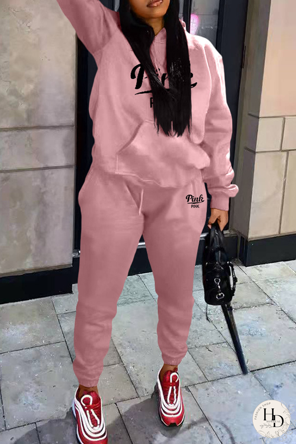 Pink Casual Print Patchwork Hooded Collar Long Sleeve Two Pieces