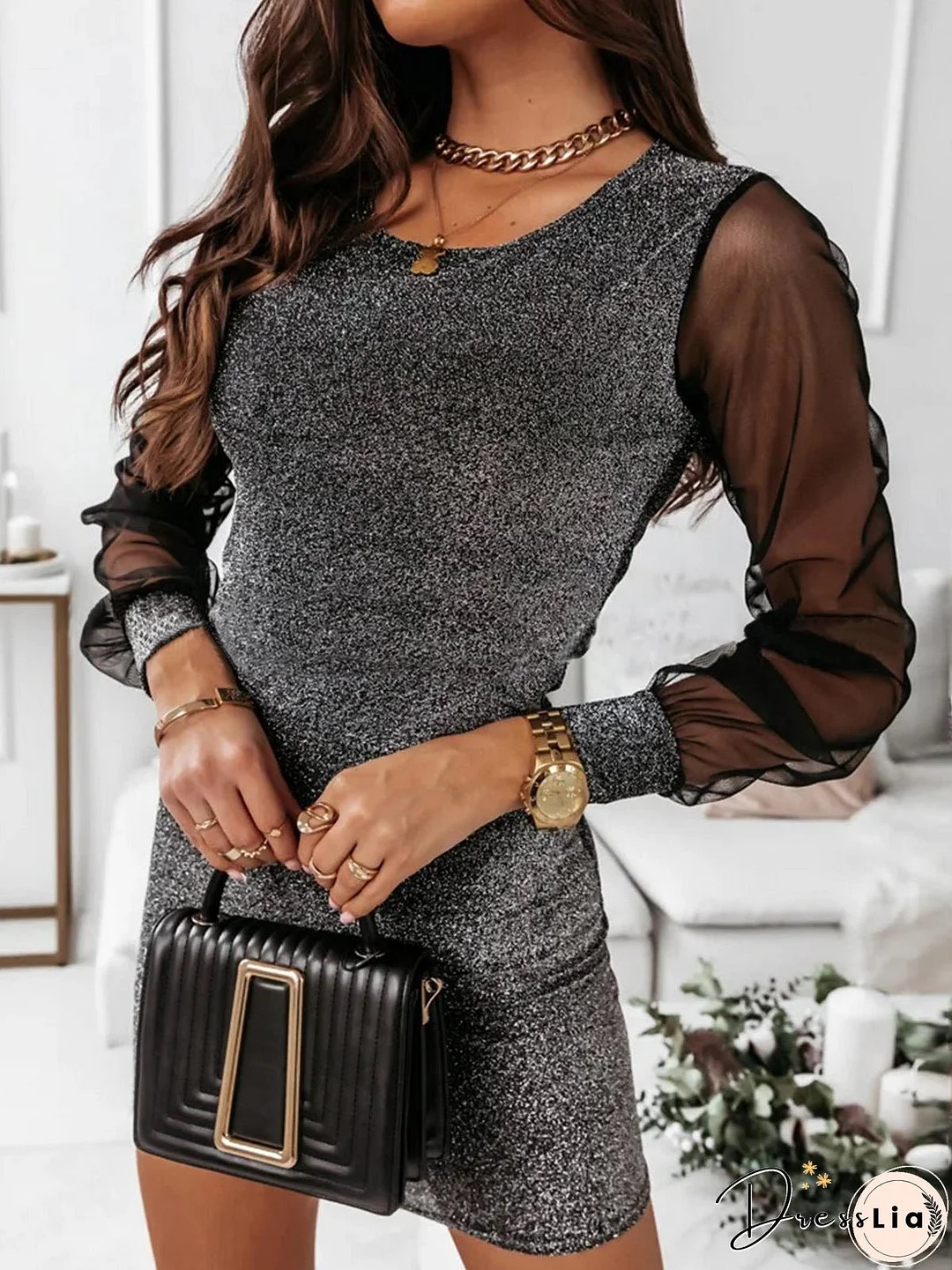 Shiny Slim Mesh Long Sleeve Dress