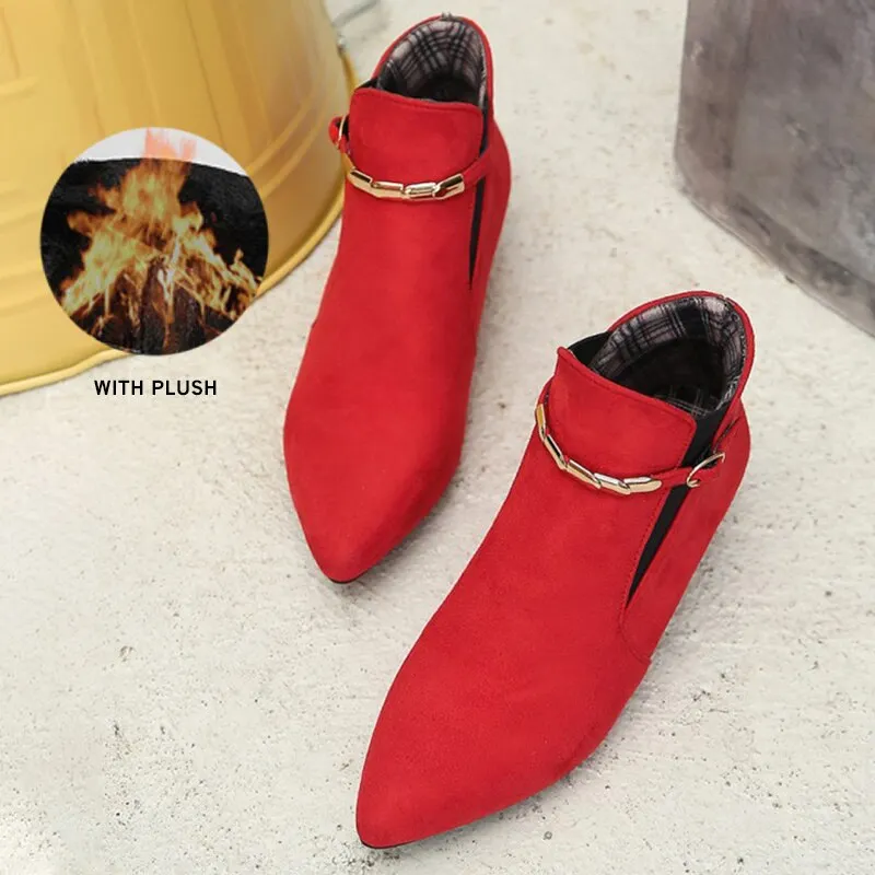 Women Ankle Boots Buckle Strap Plus Size Ladies Thin High Heels Female Flock Metal Elastic Band Autumn Winter Warm Classic Shoes