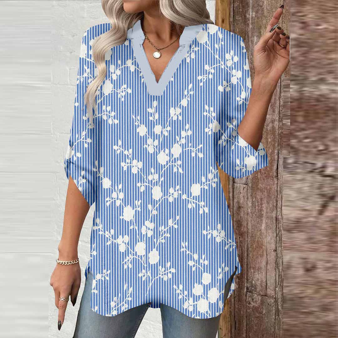 Women Floral,Blue,Black DZGA0271 3/4 Sleeve V-neck Printed Graphic Button Tops
