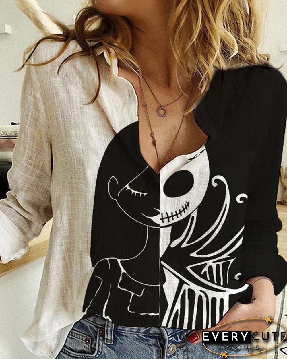 Halloween Colorblock Skeleton Print Long Sleeve Casual Shirt P12212
