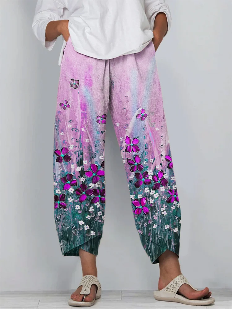 Flowers Art Painting Cropped Casual Pants