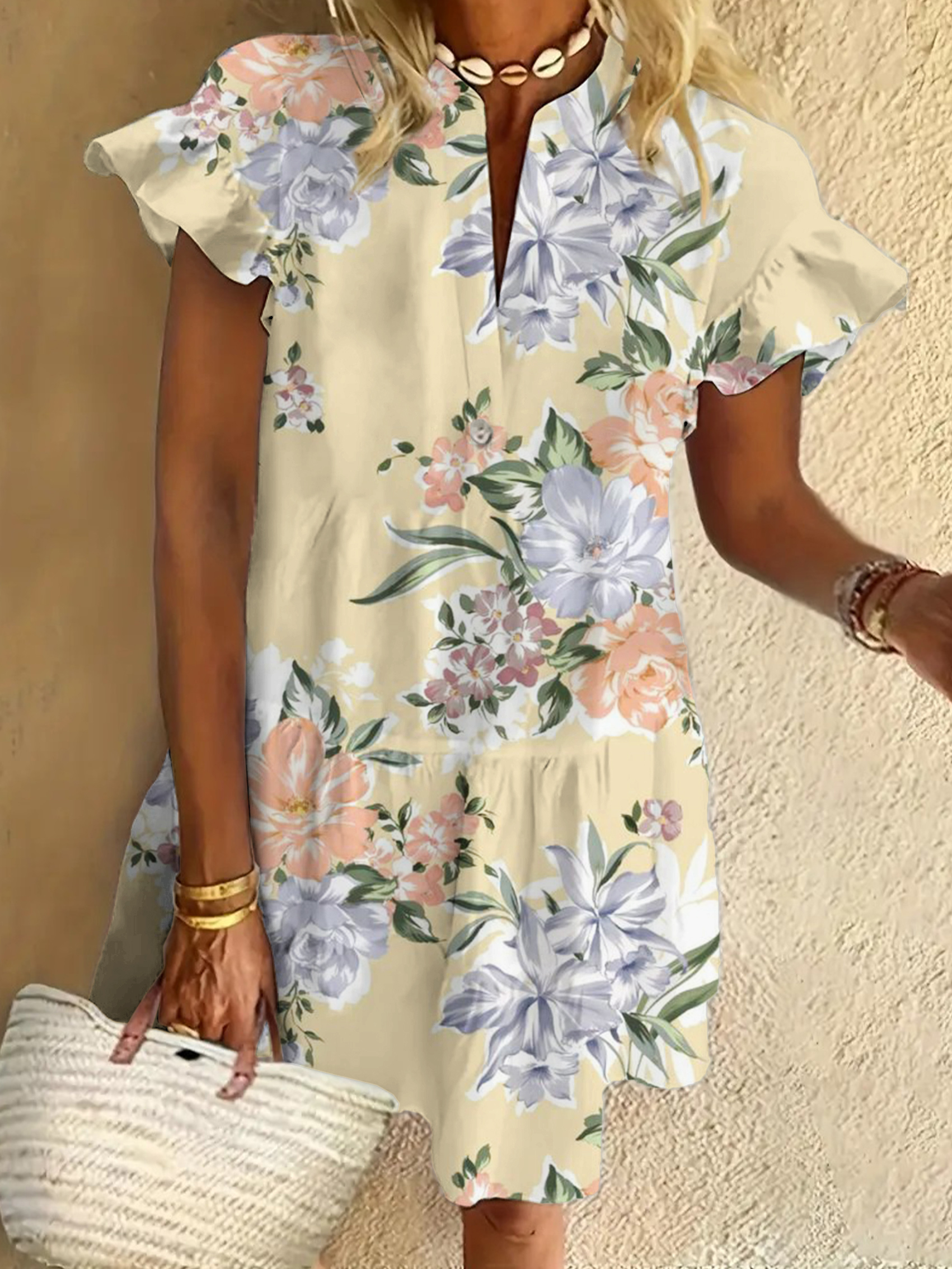 Floral Art Print Ruffled Short-sleeved V-neck Buttoned Dress Vacation Beach Dress