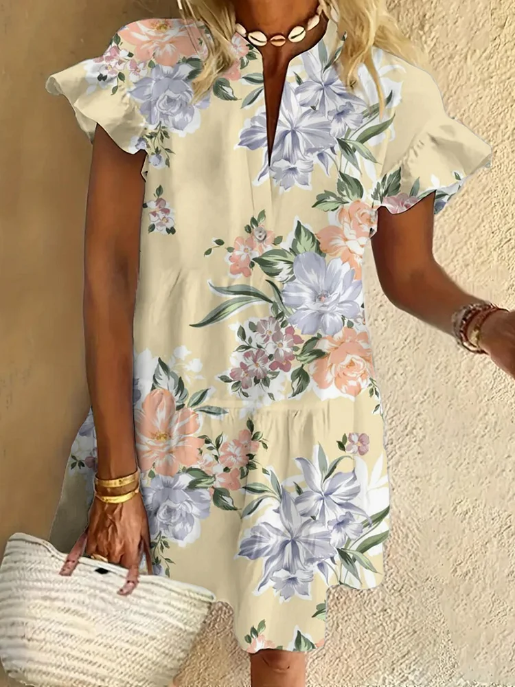 Floral Art Print Ruffled Short-sleeved V-neck Buttoned Dress Vacation Beach Dress