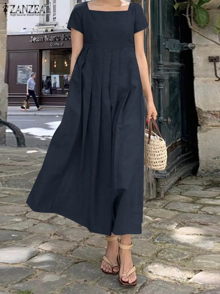 Women Elegant Short Sleeve Beach Dress 2022 ZANZEA Fashion Summer Square Neck Party Midi Sundress Casual Solid Vestidos Kaftan