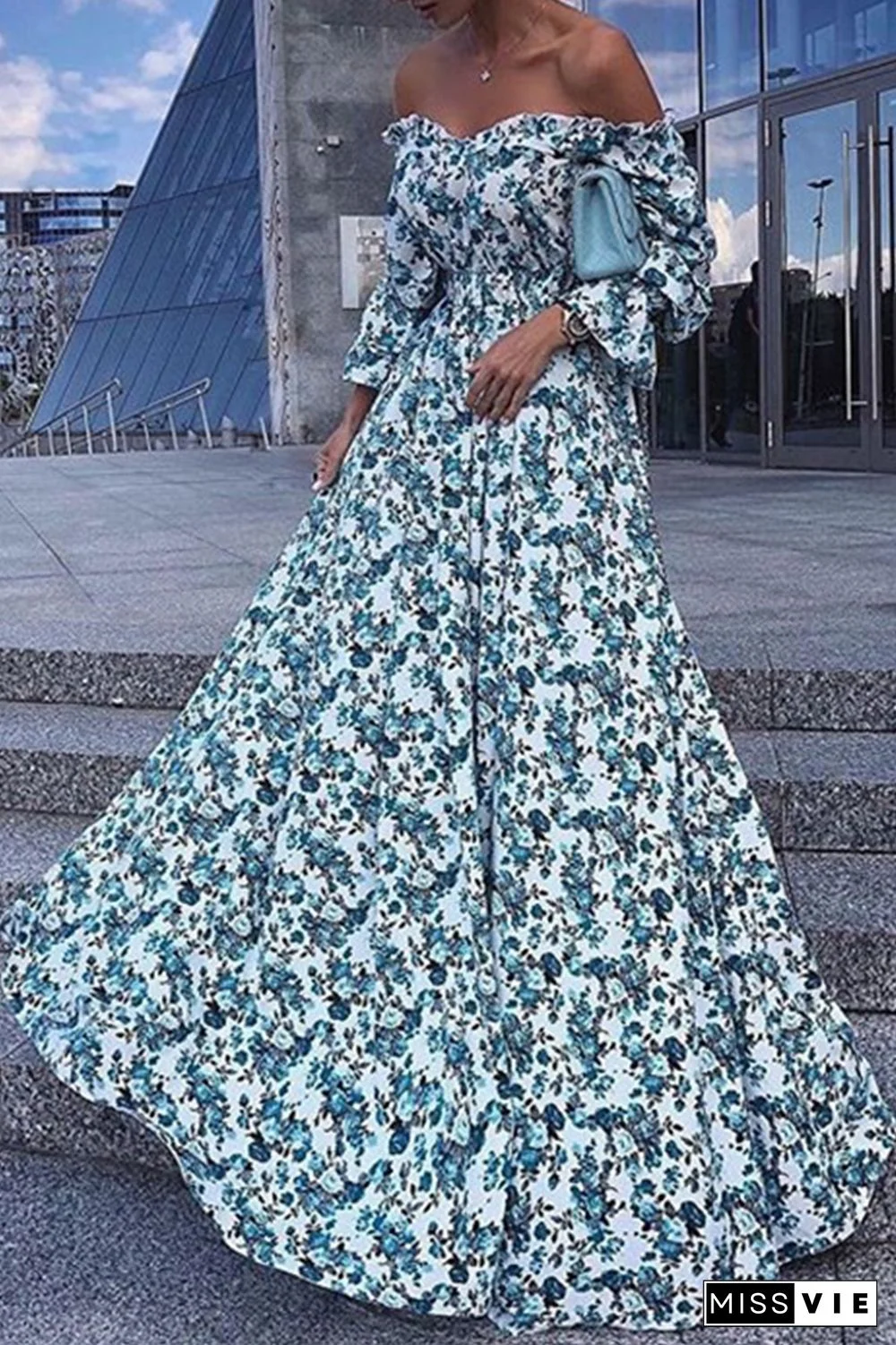 Fashion Print Split Joint Off The Shoulder Cake Skirt Dresses