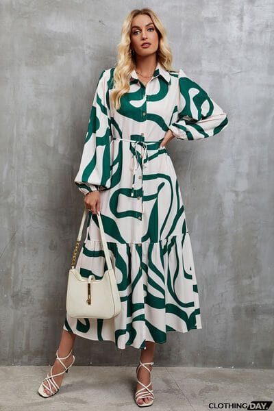 Tie-Waist Printed Button Up Dress