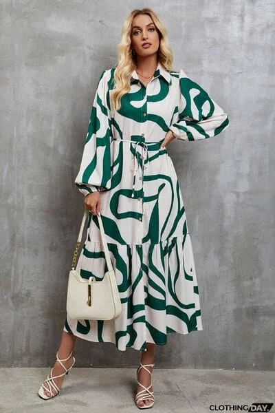 Tie-Waist Printed Button Up Dress