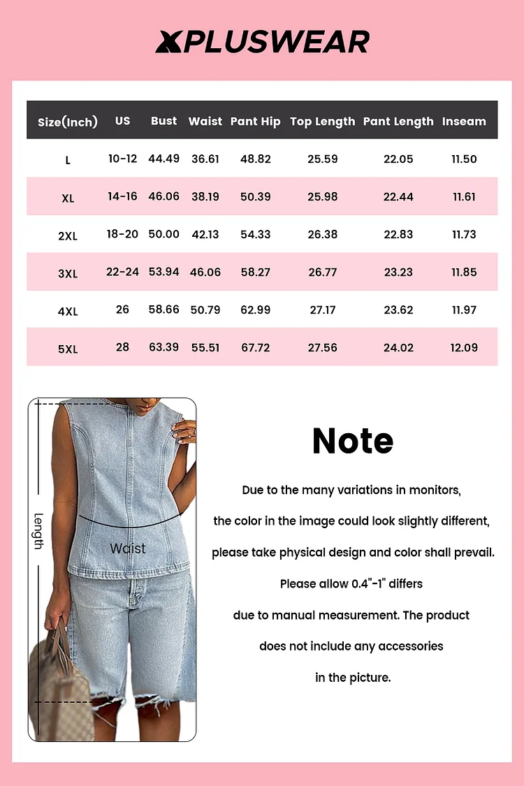 Plus Size Daily Light Blue Casual Round Neck Pocket Denim Two Piece Short Sets [Pre-Order]