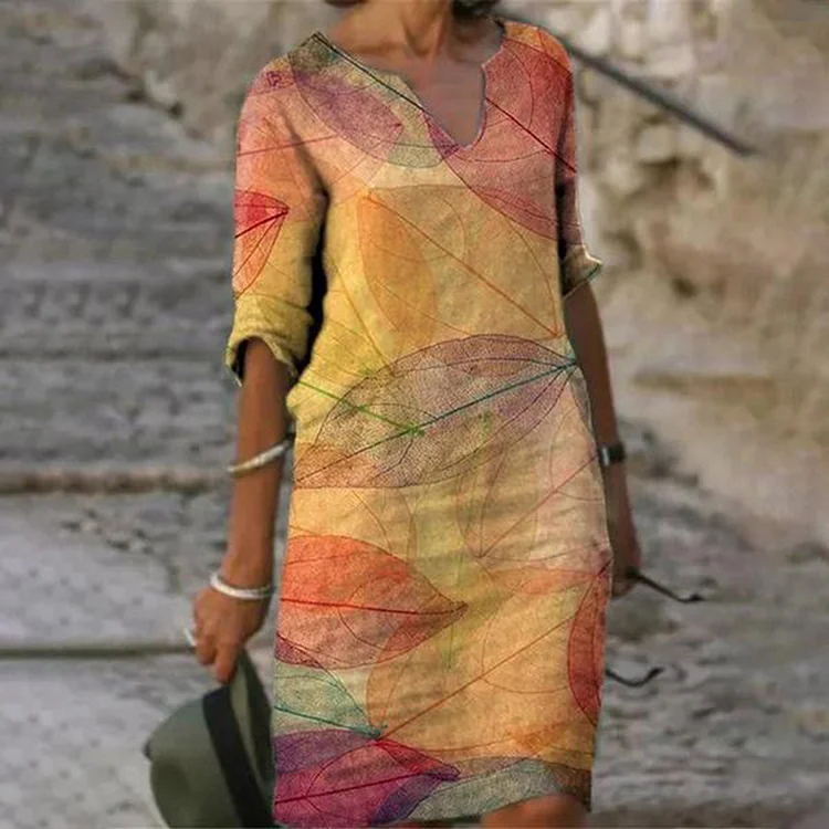 V-Neck Casual Print Midi Dress