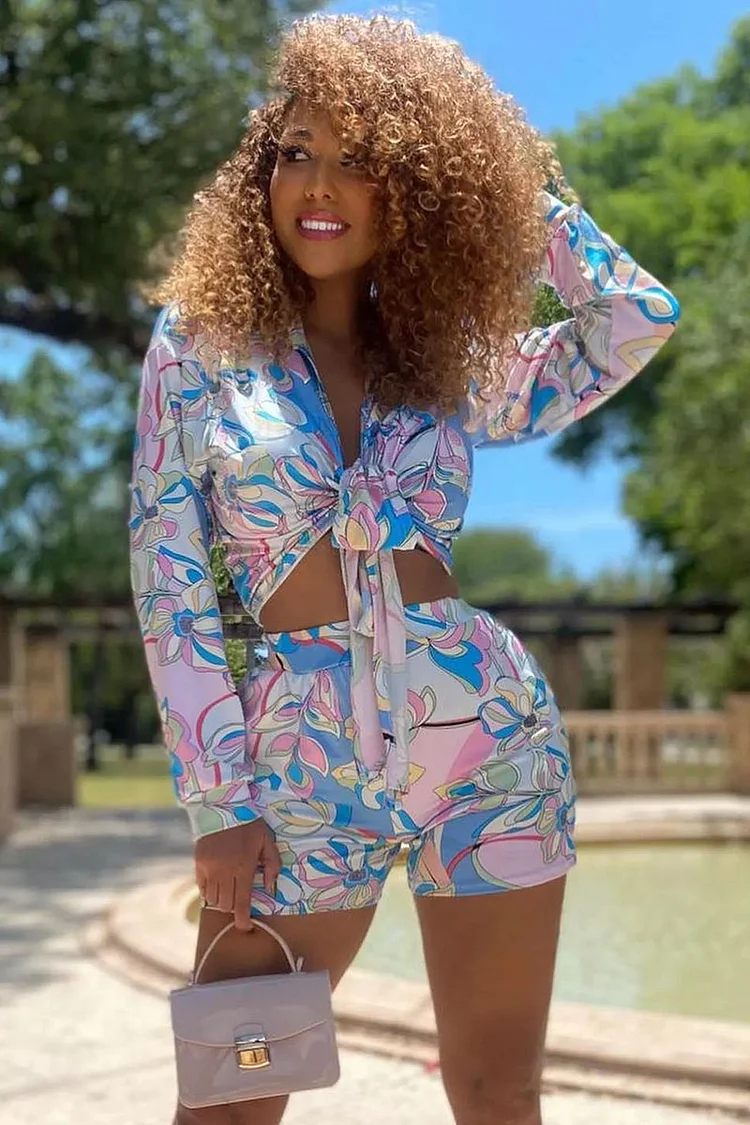 Deep V Neck Tied Strap Floral Print Shirt Two Piece Shorts Set