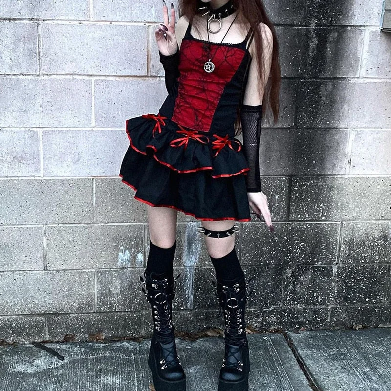 InsGoth Goth Punk Red Bandage Skirt Streetwear Sexy High Waist Mini Skirts Harajuku Black Patchwork A Line Skirts Gothic Clothes