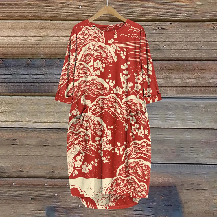 Women's Japanese Art Plum Blossom Print Crew Neck Casual Dress