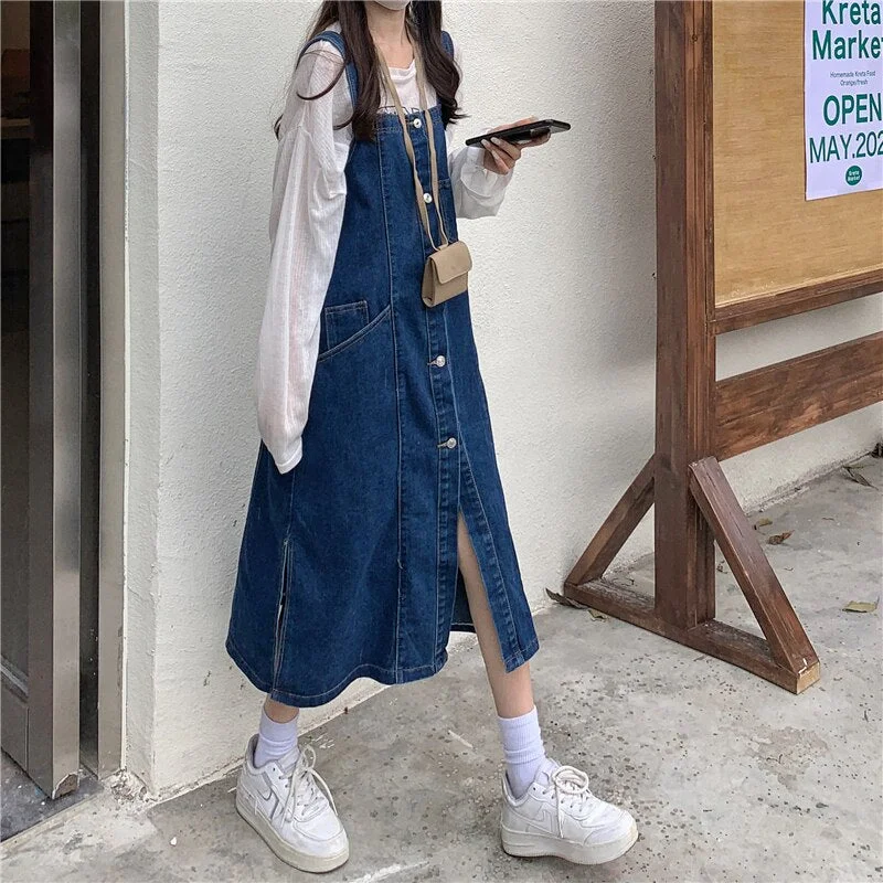 back to school Spring and summer clothes Fat mm women's clothes Korean fashion fashion denim straps Medium length dress S-5XL200jin