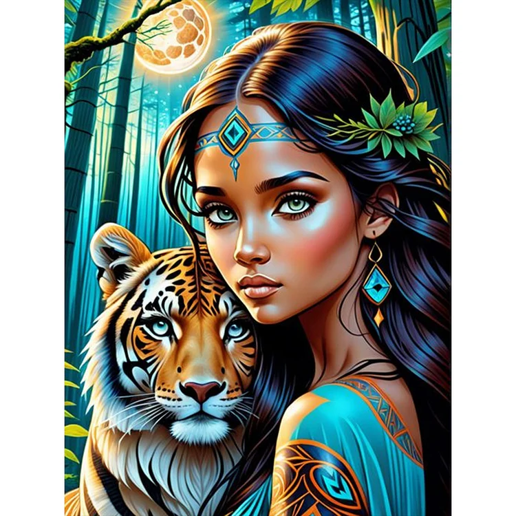 Tiger And Woman 30*40CM (Canvas) Full Round Drill Diamond Painting gbfke
