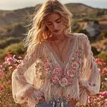 Bohemian Pink Rose Sequin Crinkle Romantic V-neck Long Sleeve Top - Image 2