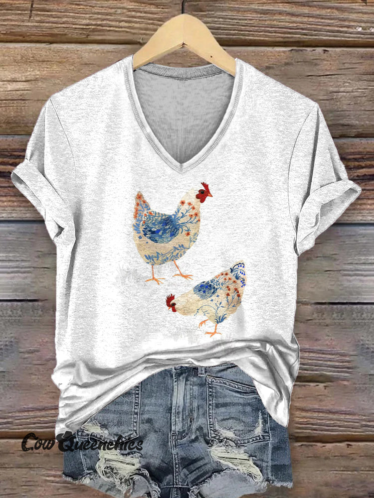Funny Chicken Art Print Short Sleeve V-neck Casual T-Shirt Multicolor / S