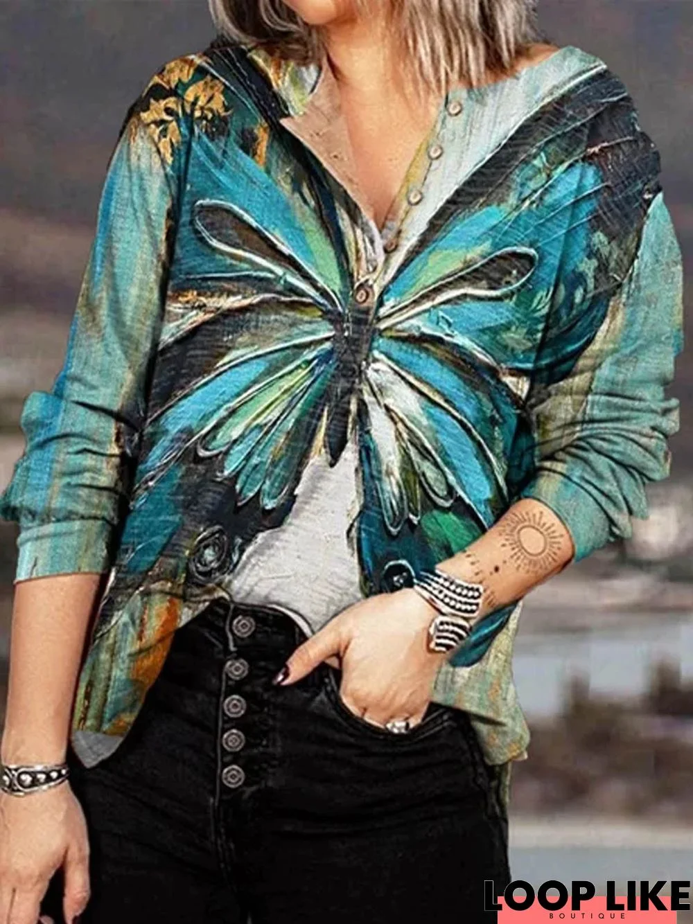 Cotton-Blend Long Sleeve Casual Floral Tops