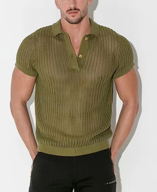 Vacation Hollow Lapel Collar Short Sleeve Knitted Polo Shirt 