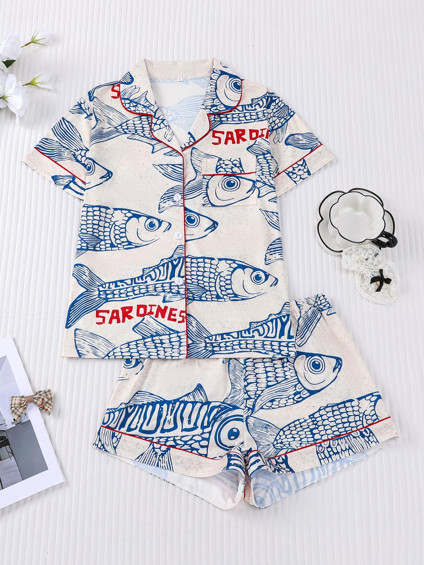 Women's Sleepwear Set, Short Sleeve Button-Up Soft Top & Elastic Shorts, Casual Home Wear, Fashionable Daily Clothing, Loungewear, Pajama Print