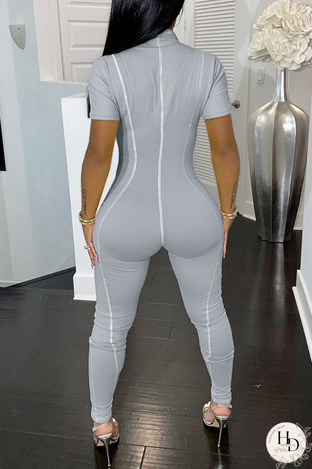 Grey Casual Sportswear Solid Split Joint Zipper Collar Skinny Jumpsuits