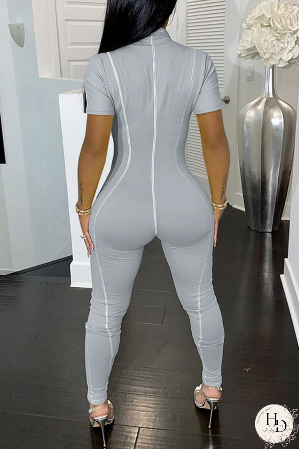 Grey Casual Sportswear Solid Split Joint Zipper Collar Skinny Jumpsuits