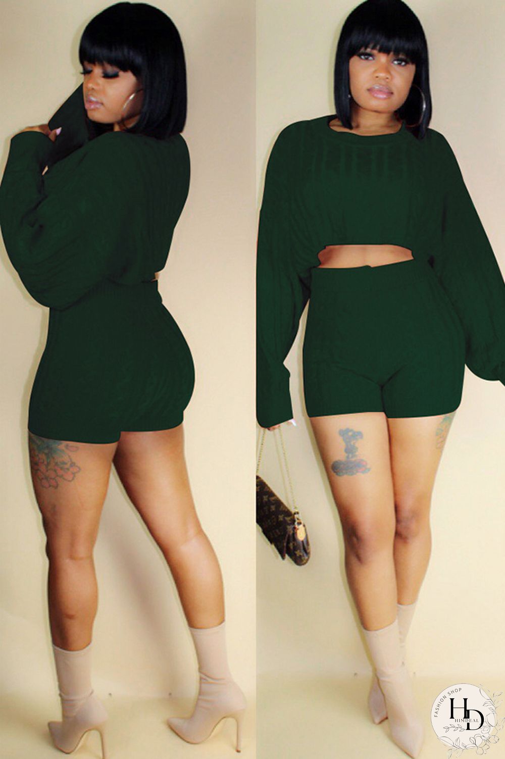 Orange Wool Europe and America Solid Two Piece Suits pencil Long Sleeve Two-Piece Short Set