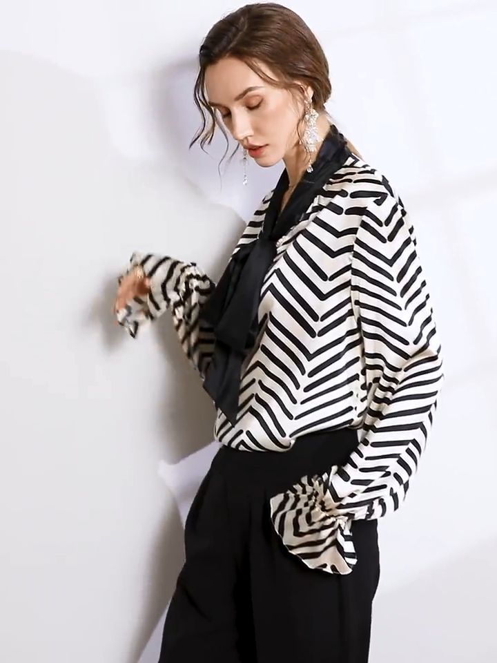 V Neck Stripes Bowtie Silk Blouse REAL SILK LIFE